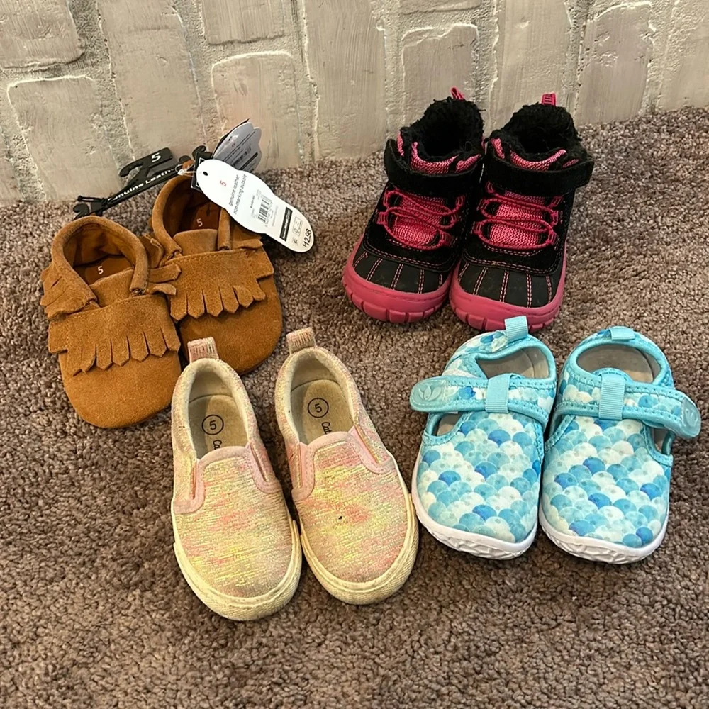 Toddler girl size 5 moccasins, boots, slip on, water shoes bundle!